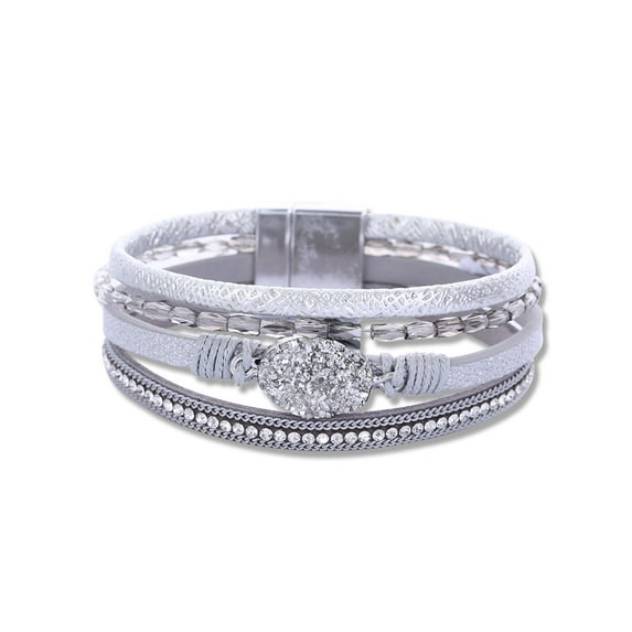 Crystal diamond woven leather bracelet, women's vintage leather PU edged magnet buckle bracelet