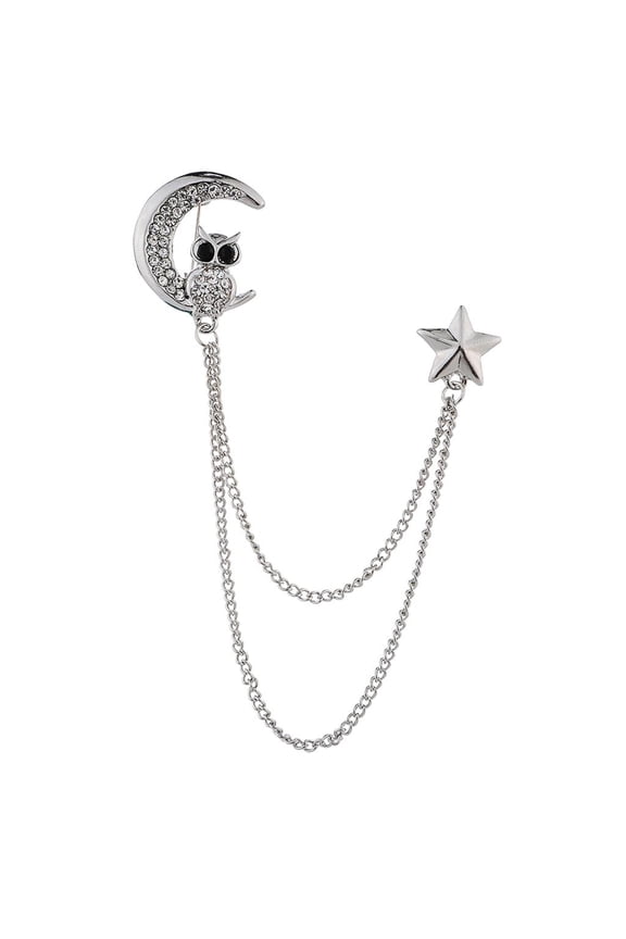 Crystal moon Brooch Chain, Lapel Pins Badge with Chain Tassel for Blouse Shirt Owl Brooch -