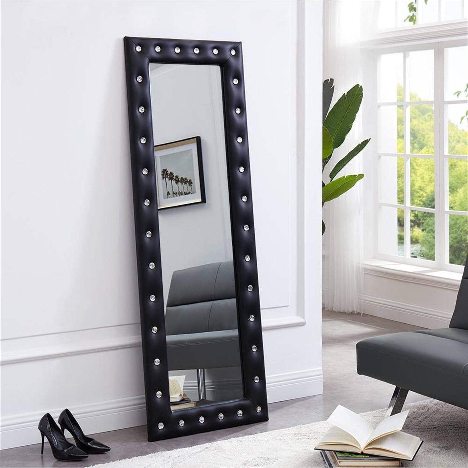 Crystal Tufted 63'' Full-Length Black Mirror with Faux Leather Frame