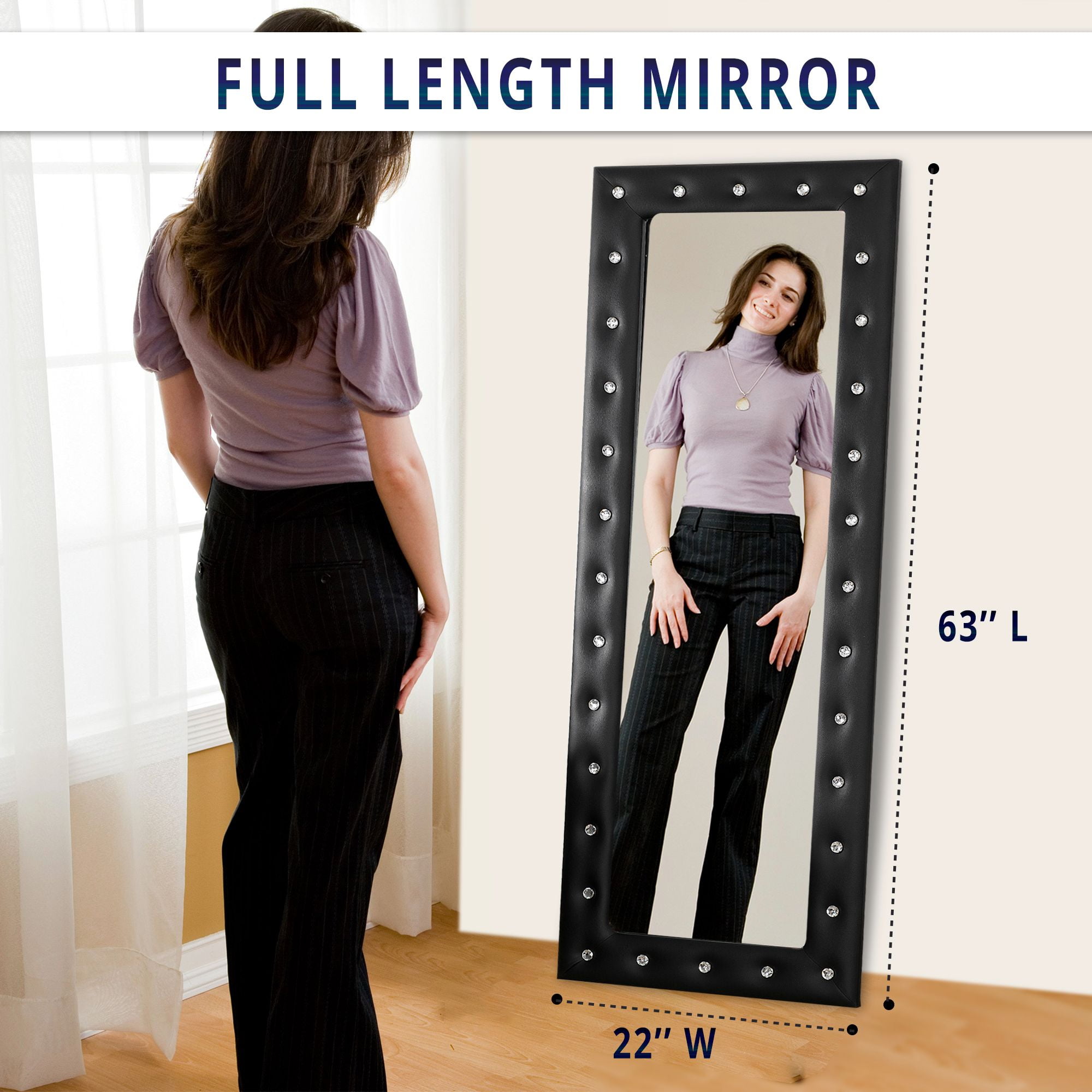 Crystal Tufted 63'' Full-Length Black Mirror with Faux Leather Frame