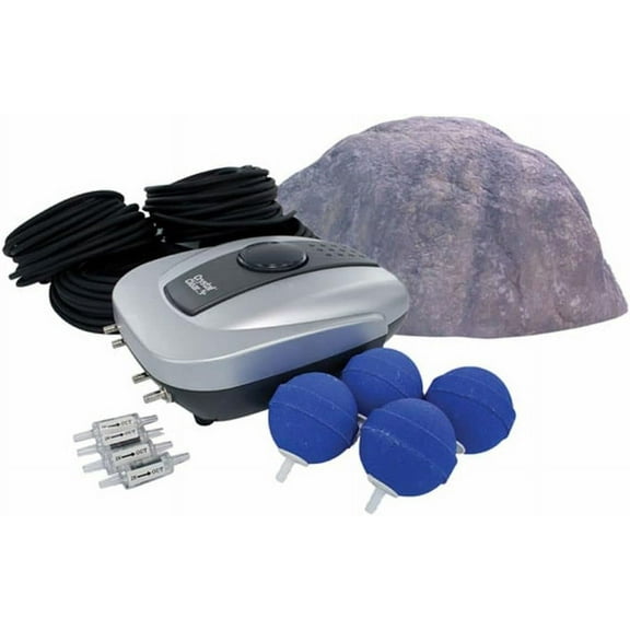 CrystalClear PondAir 4, Complete Aeration Kit, Water Garden Oxygenation Bubbler System Adds Oxygen to Koi & Fish Ponds, Outdoor Aerator Compressor Pump, Tubing, Rock Cover & 4 Submersible Air Stones