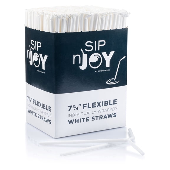 CrystalWare 7.75” Flexible Wrapped Straws 380 Count - White