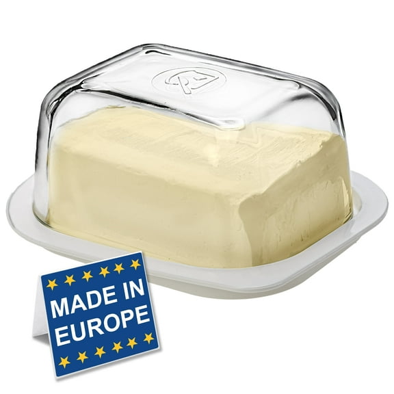 Crystalia Butter Dish with Lid, Large Plastic Butter Keeper with Glass Covers, Cute European Butter Stick Holder, Vintage Butter Tray for Countertop, Big Traditional Clear Glass Cream Cheese Dish