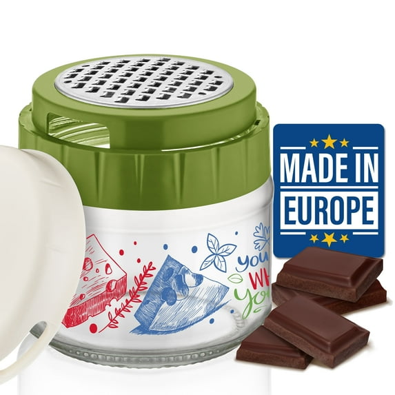 Crystalia Cheese Grater with Glass Storage Container Sprinkler, Stainless Steel Food Processor for Parmesan, Garlic, Onion, Vegetable, Small Fine Food Grater with Healthy Lead-Free Glass Jar (Green)