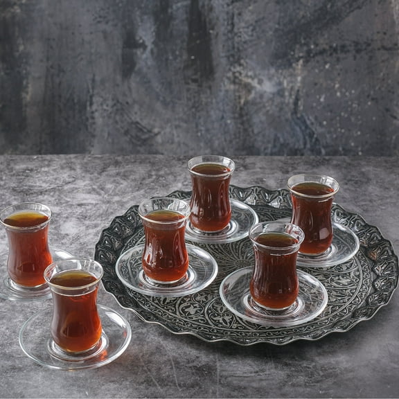 Crystalia Coffee Tea Beverage Serving Tray, Vintage and Fancy Round Design (Antique Silver)