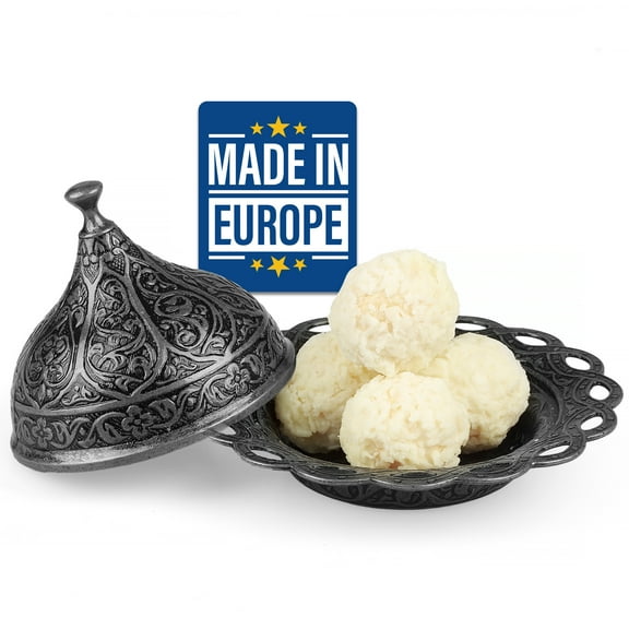 Crystalia Decorative Candy Bowl with Dome, Traditional Delight Container with Serving Dish, Ottoman Design Decorative Ellipse Delight Bowl with Lid, Vintage Turkish Delight Bowl (Silver)