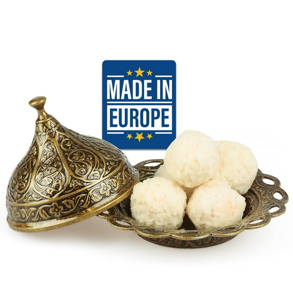 Crystalia Decorative Candy Bowl with Dome, Traditional Delight Container with Serving Dish, Ottoman Design Decorative Ellipse Delight Bowl with Lid, Vintage Turkish Delight Bowl (Gold)