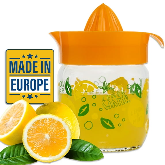 Crystalia Manuel Citrus Juicer with Glass Storage Jar, All Fruit Squeezer for Lemon Orange Lime Grapefruit Juice, Handheld Juice Press Extractor with Handle, Pour Spout and Glass Storage, Orange