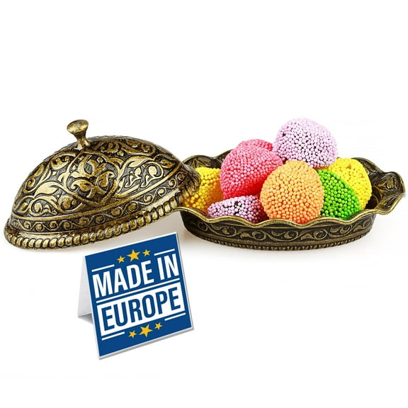 Crystalia Traditional Decorative Ellipse Delight Bowl with Lid, Vintage Turkish Delight Bowl, Rustic Candy Dish, Ottoman Design Sugar Metallic Bowl (Gold)