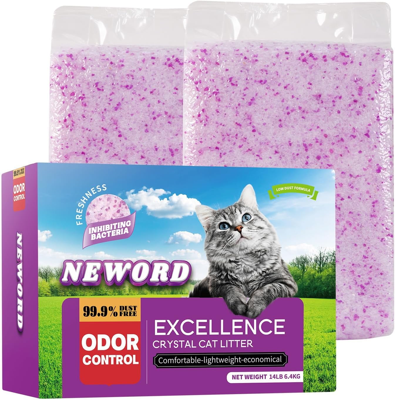 Crystals Cat Litter Lightly Scented Litter Superior Odor Control 14 lbs Total (2 Pack of 7lb Bags) Soft-On-Paws Low Tracking Dust-Free Purple Silica Gel, Lavender