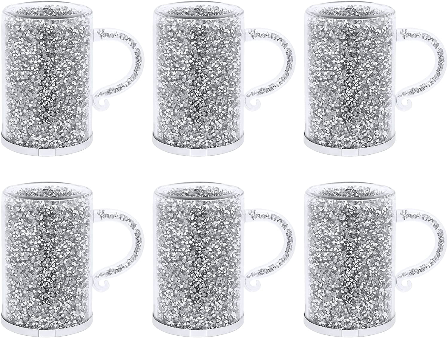 Crystals Coffee Mugs Set of 6 Cups Hot Dink Glass Mugs 6 Oz with Handles for Hot Beverages Latte Chocolate Diamond Tea Glasses Espresso Cup Set (Silver)