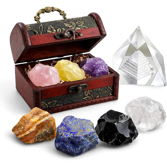 Crystals and Healing Stones, 9 Pcs Healing Crystals Set, 7 Chakra Crystal Stones Set Real Natural Selenite Pyramid Reiki Raw Rock Energy Protection Meditation with Wooden Box, Crystal Gifts for Women