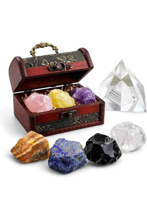 Crystals and Healing Stones, 9 Pcs Healing Crystals Set, 7 Chakra Crystal Stones Set Real Natural Selenite Pyramid Reiki Raw Rock Energy Protection Meditation with Wooden Box, Crystal Gifts for Women