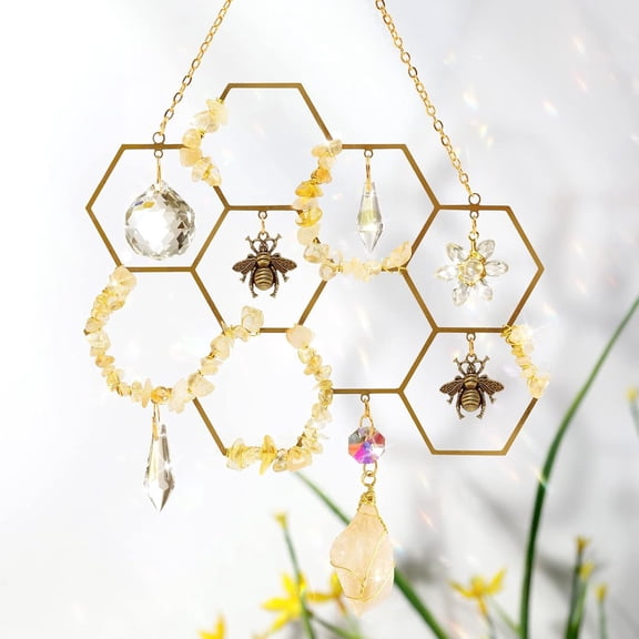 Crystals Suncatcher Window Hanging Bumble Bee Decor Honeycomb Light with Crystal Glass Prisms Hive for Home Indoor Outdoor Catcher Garden Ornament Christmas Birthday Gift Ideas