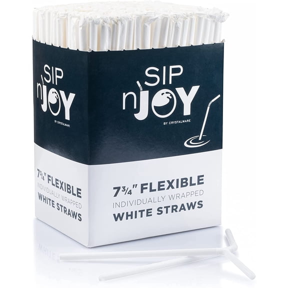 Crystalware Bulk Pack of 380 Flexible Plastic Drinking Straws - White, Individually Wrapped, Food-Safe BPA Free, 7.75 Inches Long (1 Box)