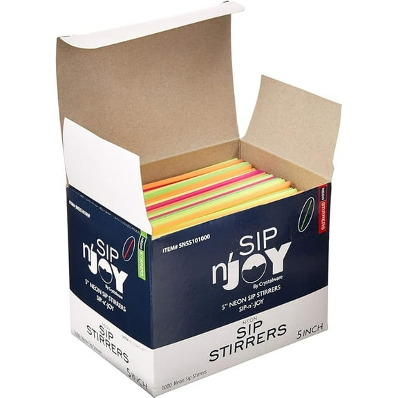 Crystalware, Plastic Stir Straw, Sip Stirrer, For Coffee and Cocktail, 1000/Box, Assorted Neon Colors