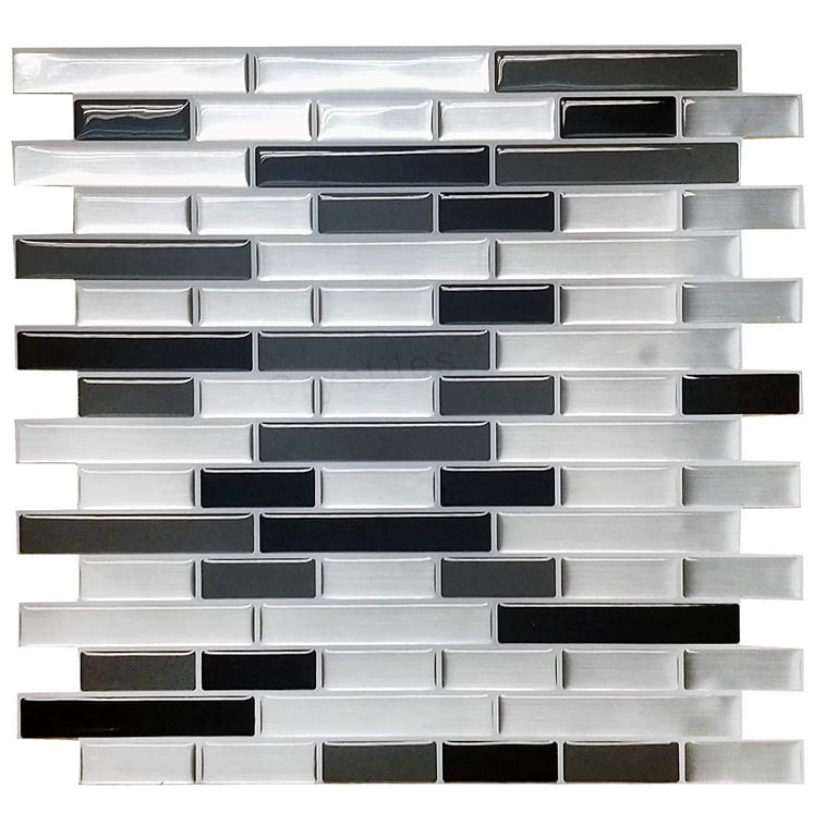 Crystiles Black, Deep Grey and Brushed Silver 12 in. x 12 in. Peel and Stick Vinyl Wall Tile Backsplash, 