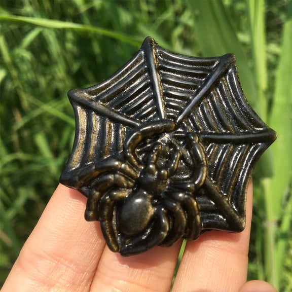 Crystland 1PC Natural Gold Obsidian Carved spider Halloween gift Quartz Crystal Party Decorations 2.7''