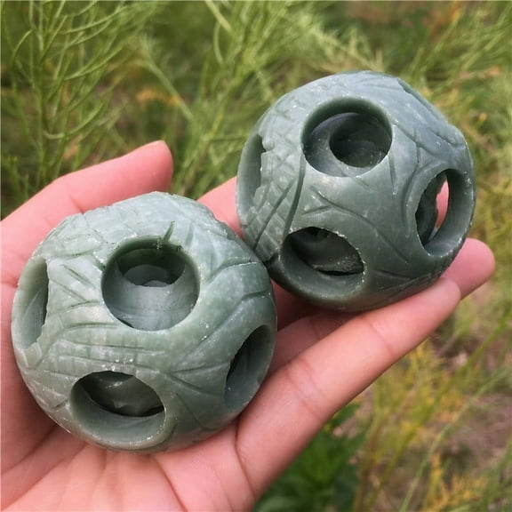 Crystland 1pc Natural Green Jade Carvd Hollowed-out Sphere Quartz Handle piece Ball Decoration 2"