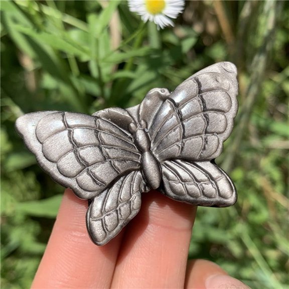 Crystland 2"+ Natural Silver Obsidian Butterfly Quartz Crystal Carved Skull Reiki Healing Gift 1PC