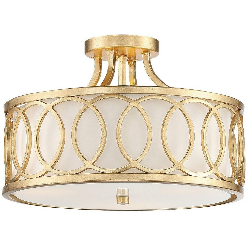 Libby Langdon Antique Gold Circular 3-Light Semi-Flush Mount with White Silk Shade