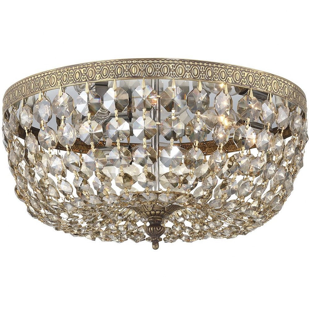 Olde Brass 3-Light Flush Mount with Golden Teak Crystal