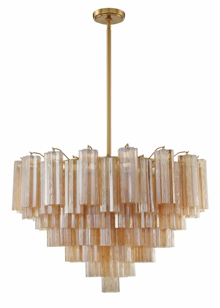 Aged Brass and Amber Glass 16-Light Chandelier