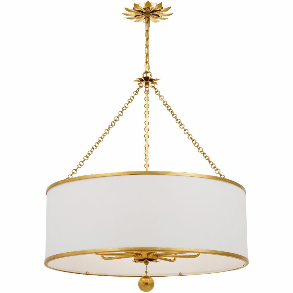 Elegante Antique Gold 8-Light Chandelier with White Silk Drum Shade