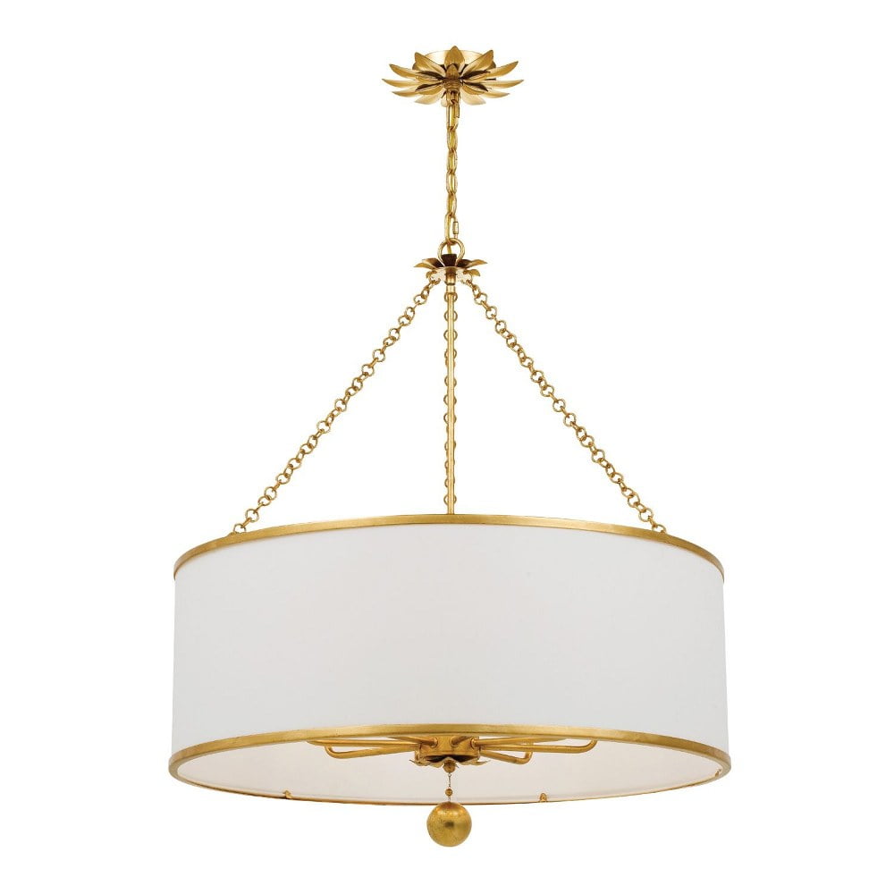 Elegante Antique Gold 8-Light Chandelier with White Silk Drum Shade