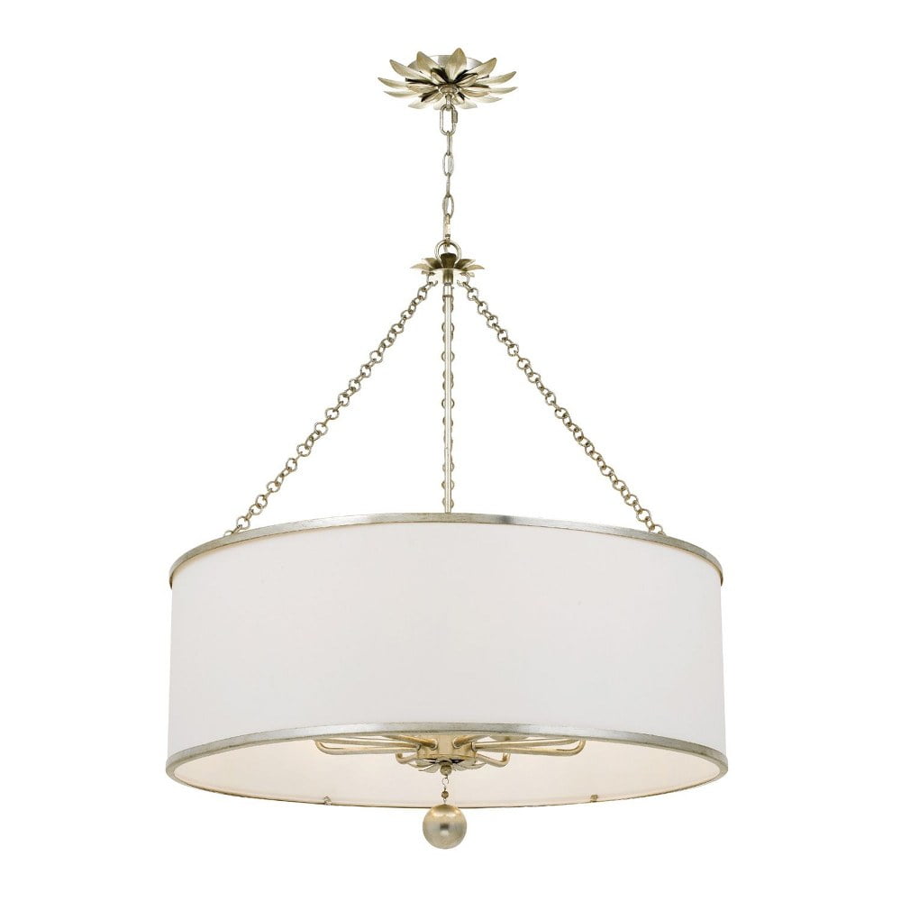 Antique Silver 8-Light Chandelier with White Silk Drum Shade