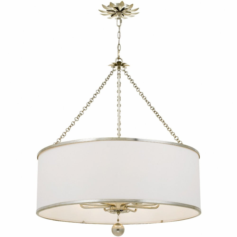 Antique Silver 8-Light Chandelier with White Silk Drum Shade