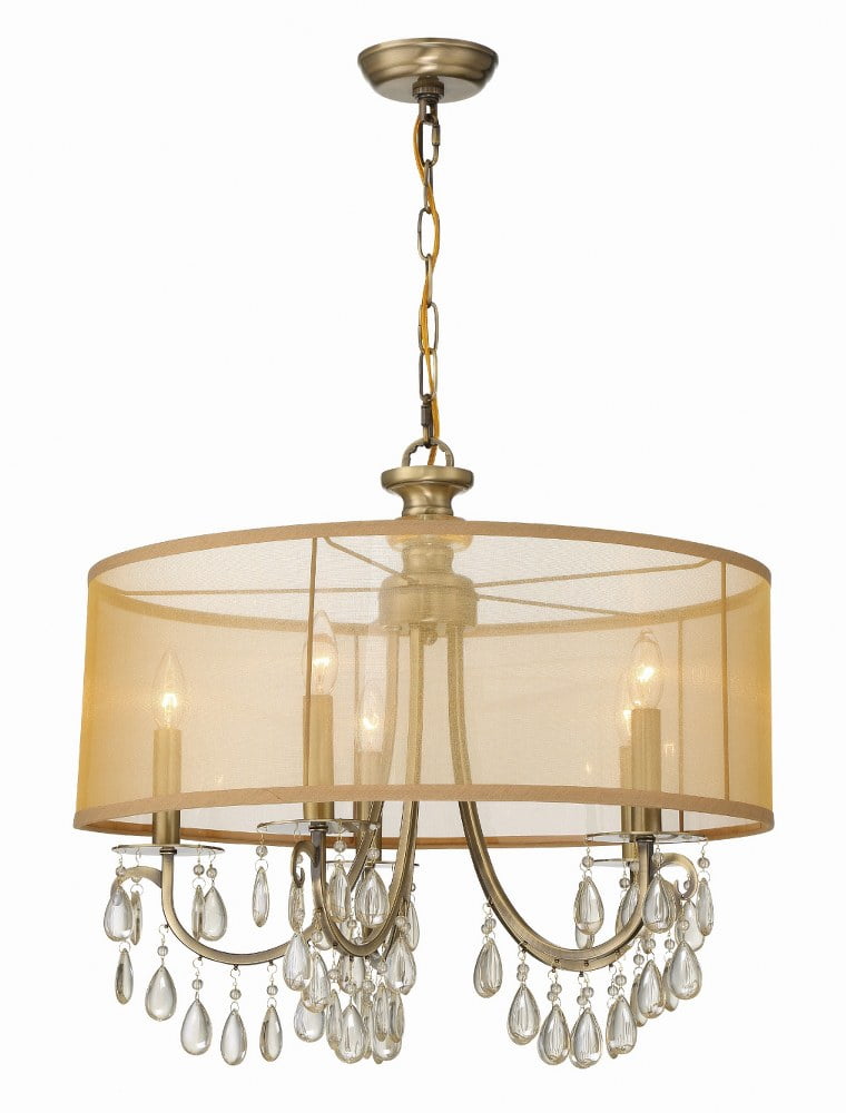 Elegant Brass Drum Chandelier with Silk Shade and Etruscan Teardrop Crystals