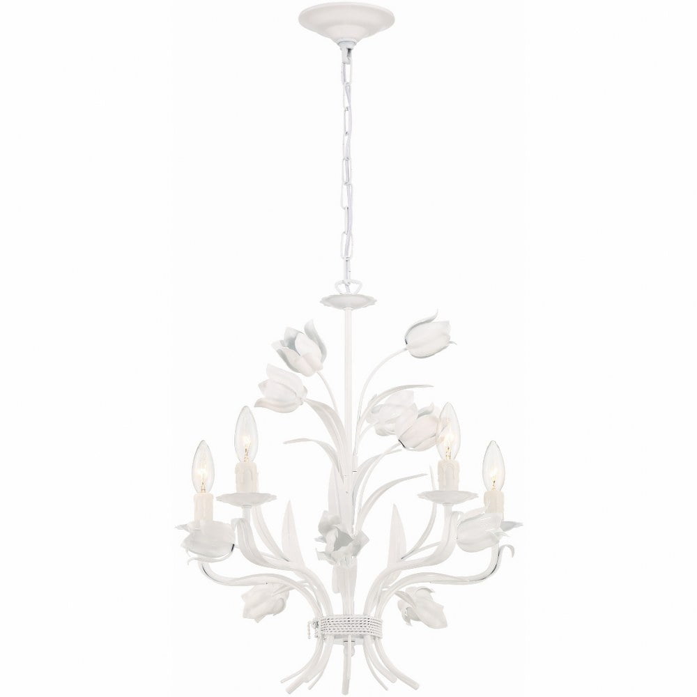 White Floral 5-Light Mini Chandelier with Crystal Accents
