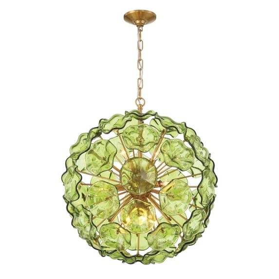 ESM-4006-AG-GR Crystorama Lighting Esme - 9 Light Pendant-25.25 Inch Tall and 22.5 Inch Wide-Aged Brass Finish-Green Glass Color