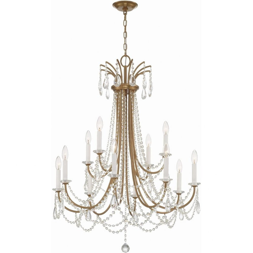 Aged Brass 12-Light Chandelier with Hand Cut Crystal