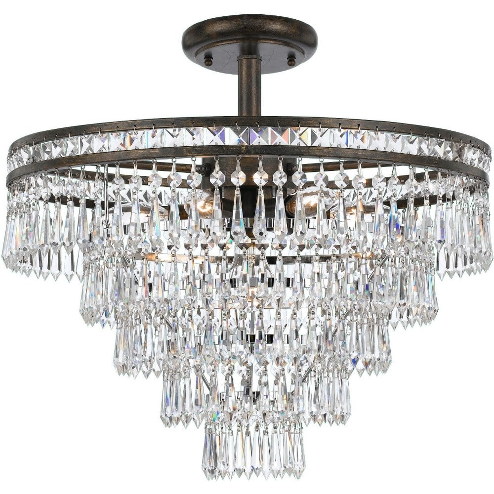 Mercer English Bronze 7-Light Art Deco Ceiling Fixture with Hand Cut Crystal