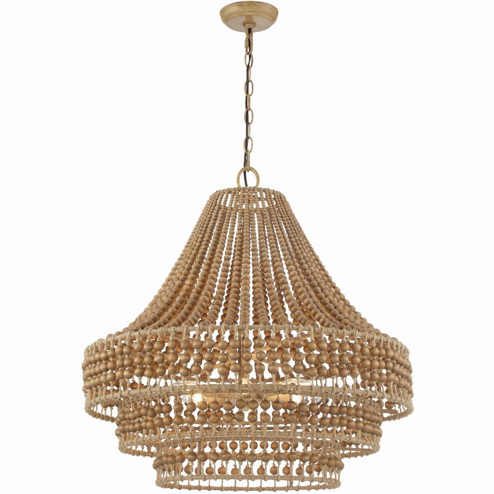 Burnished Silver and Natural Wood Bead 6-Light Chandelier
