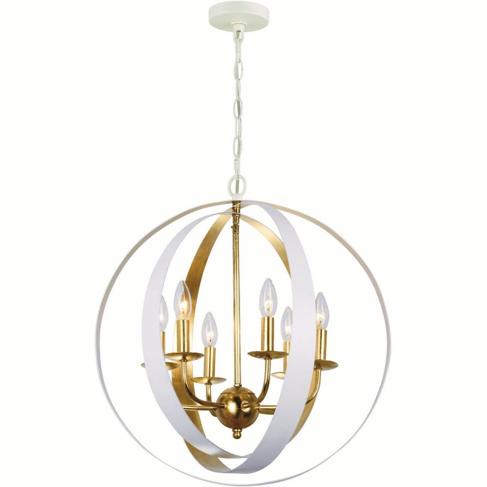 Matte White and Antique Gold 6-Light Sphere Chandelier