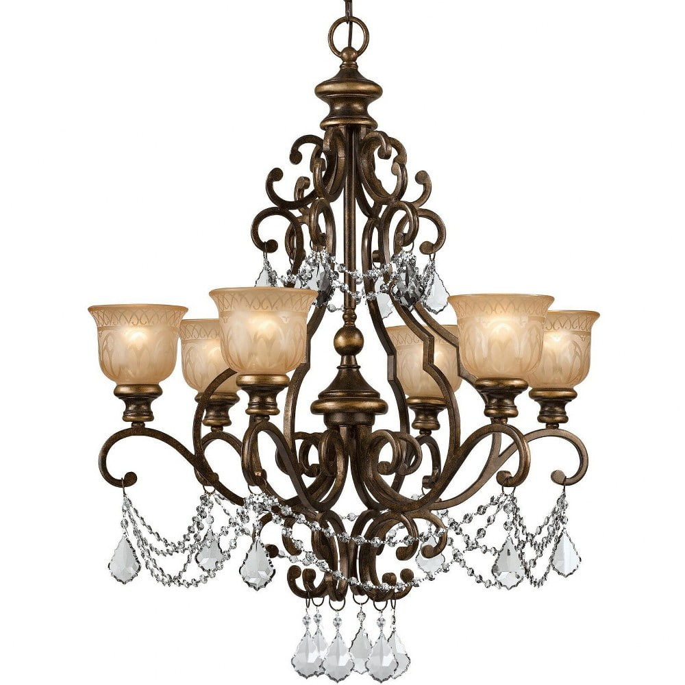 Bronze Umber 6-Light Chandelier with Amber Glass Shades and Italian Crystals