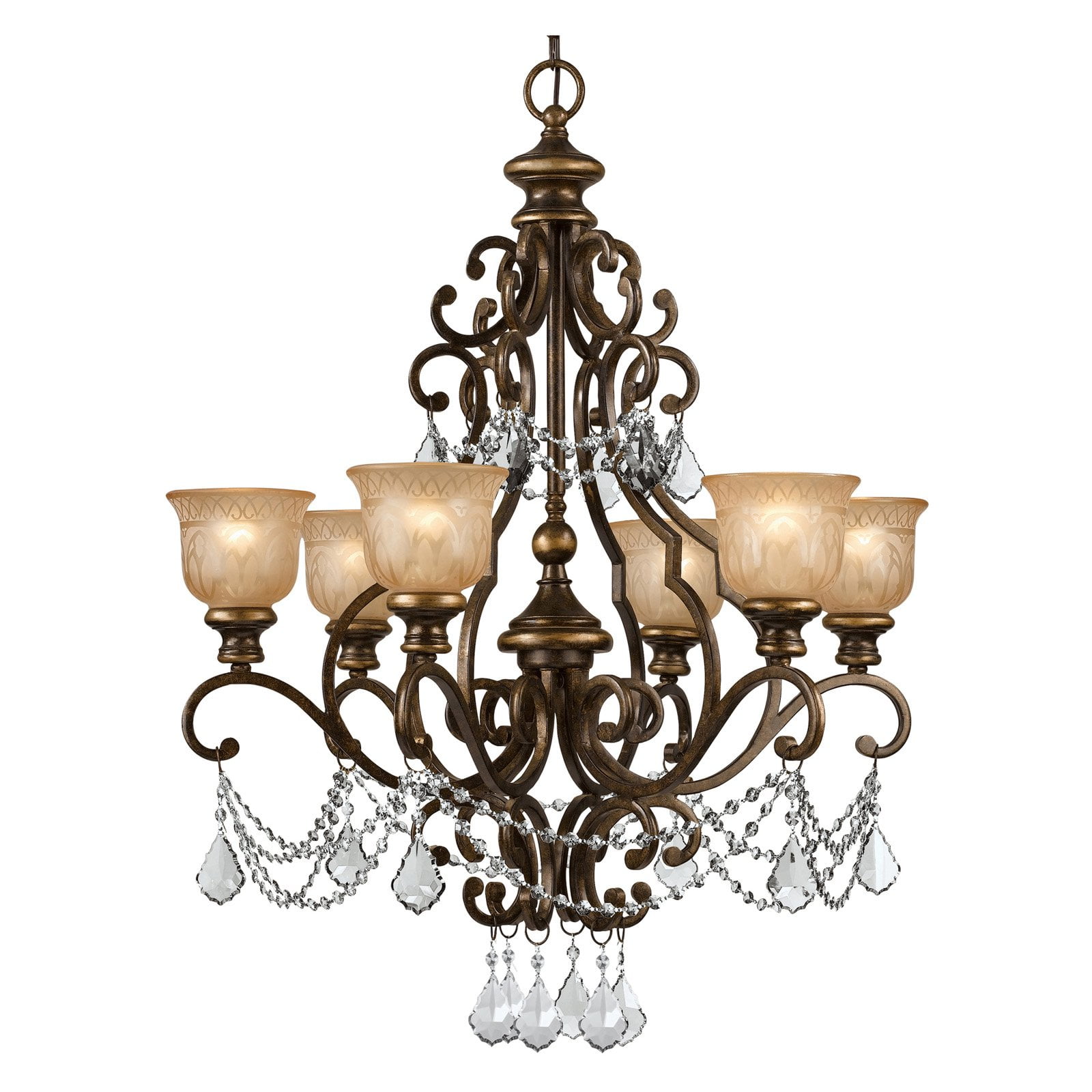 Bronze Umber 6-Light Chandelier with Amber Glass Shades and Italian Crystals