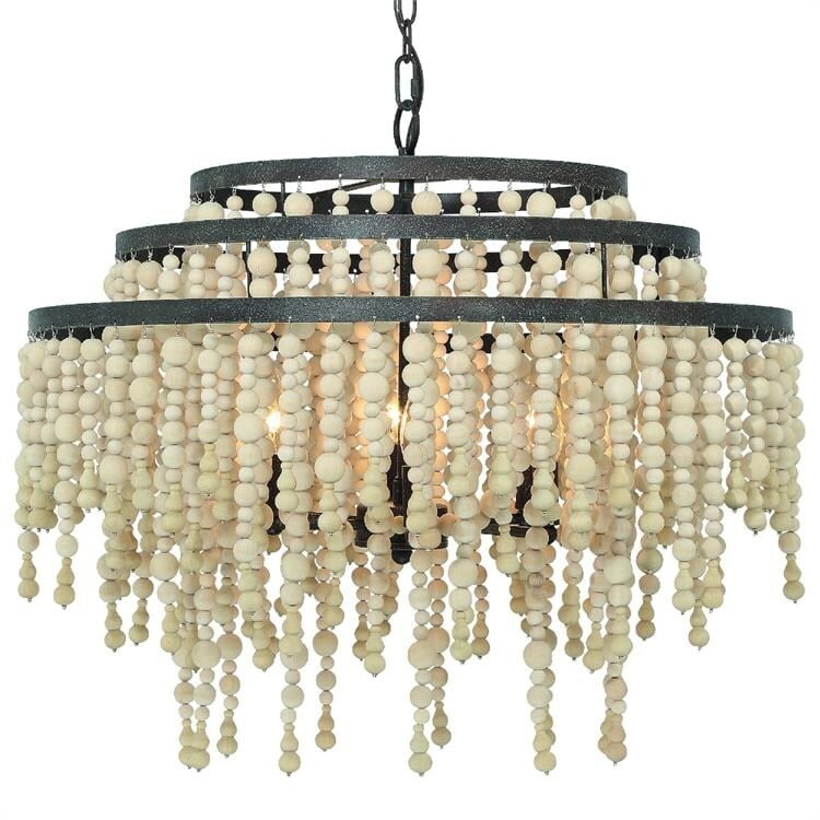 Forged Bronze 6-Light Chandelier with Natural Wood Beads