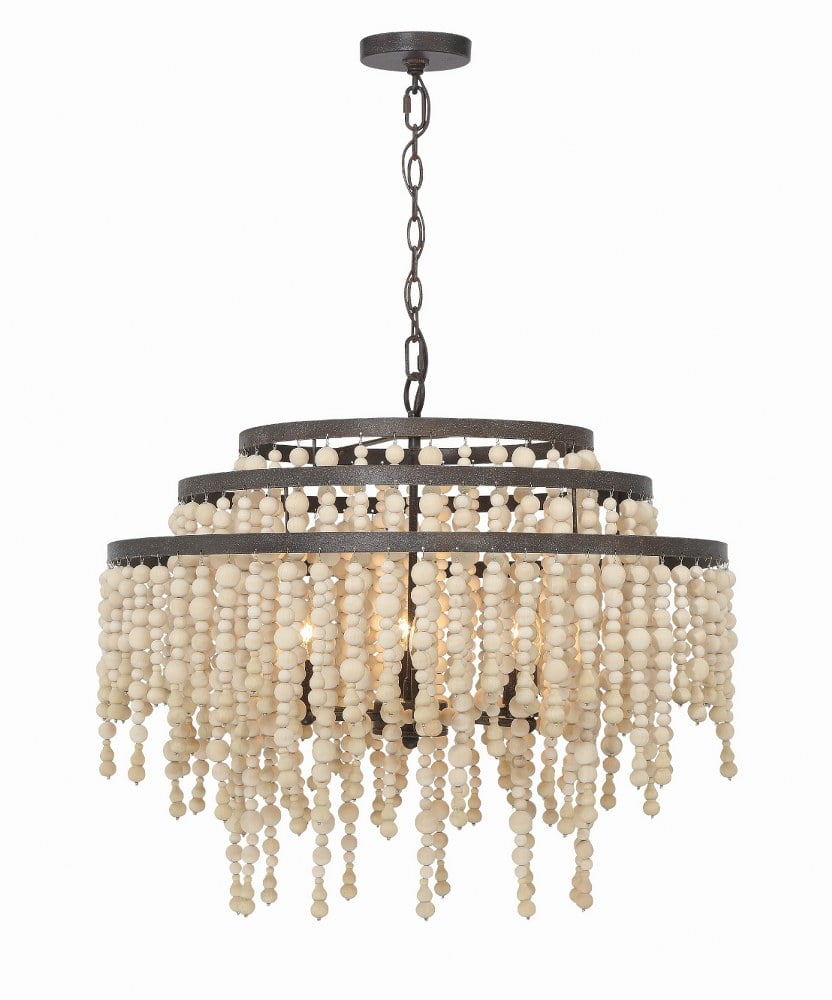 Forged Bronze 6-Light Chandelier with Natural Wood Beads