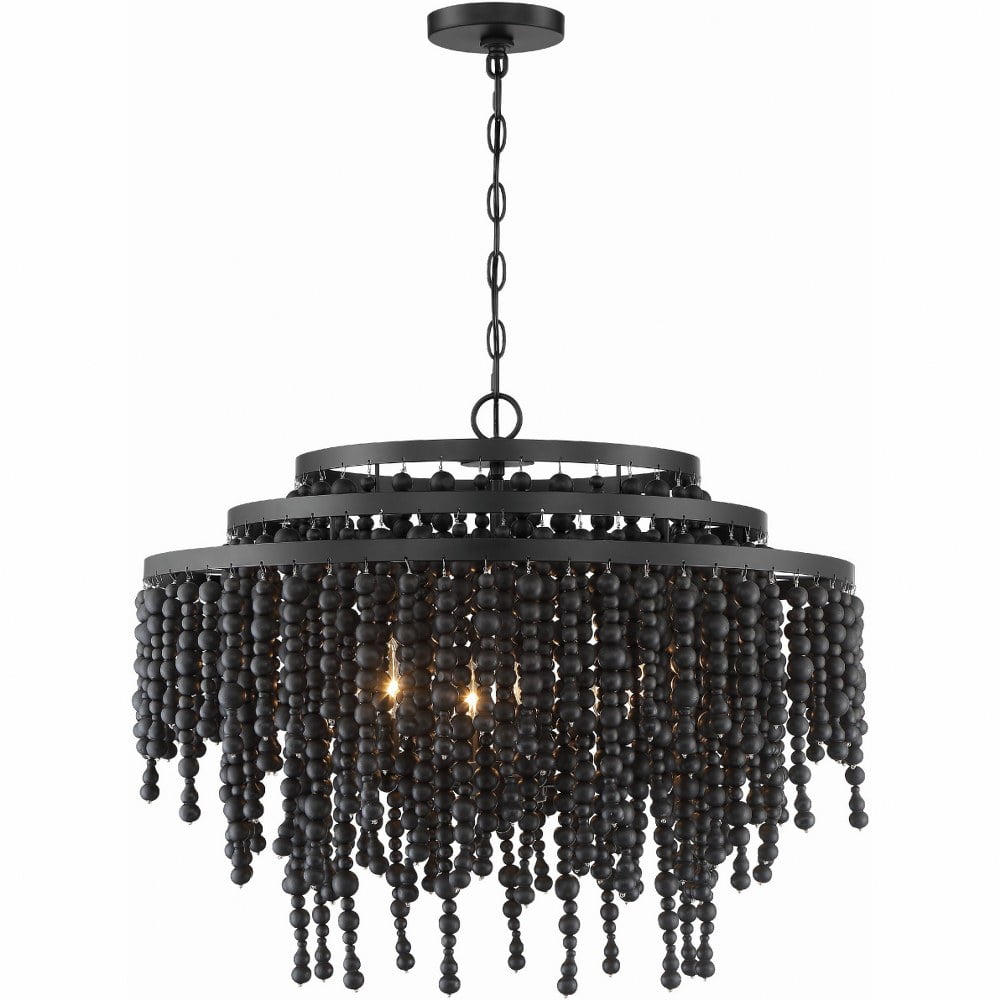 Matte Black Crystal Cascade 6-Light Chandelier with Black Wood Beads