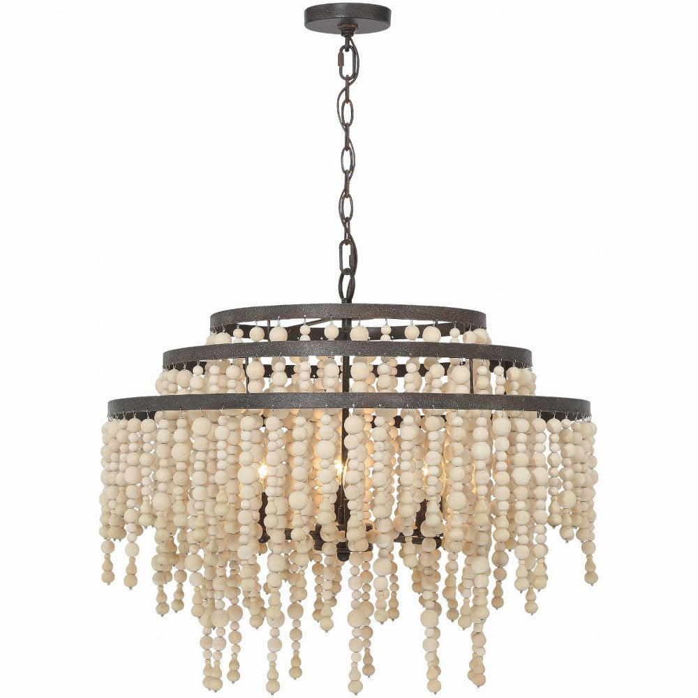 Forged Bronze 6-Light Chandelier with Natural Wood Beads