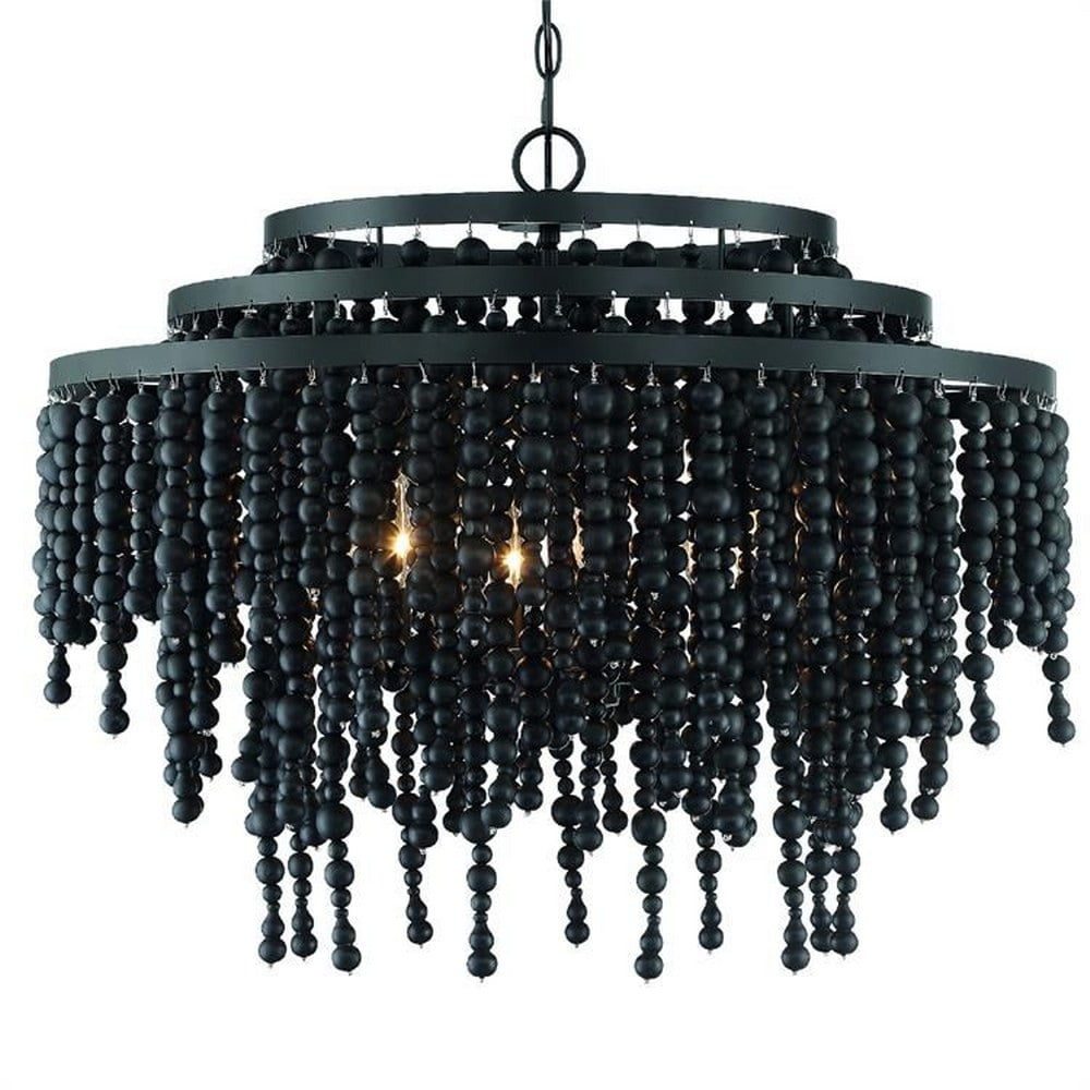 Matte Black Crystal Cascade 6-Light Chandelier with Black Wood Beads