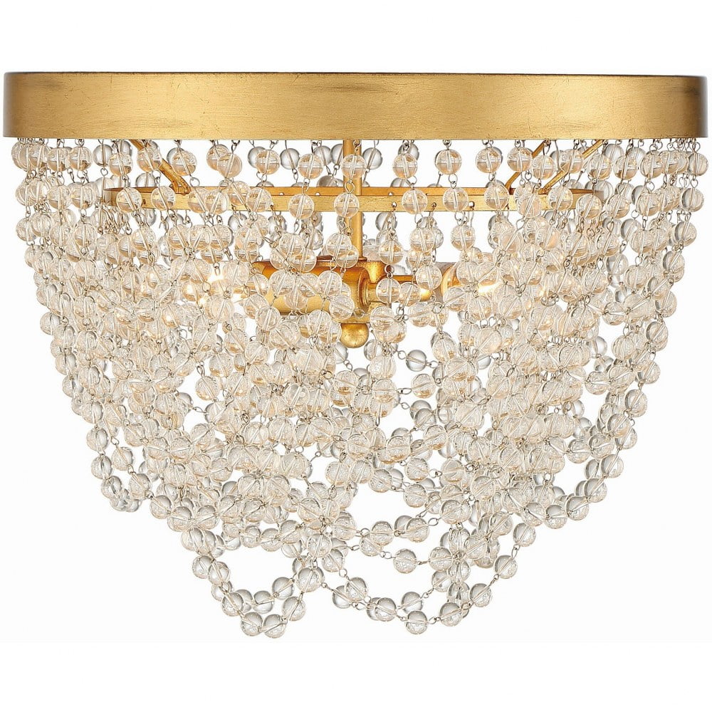 Antique Gold and Clear Glass Beaded 3-Light Flush Mount