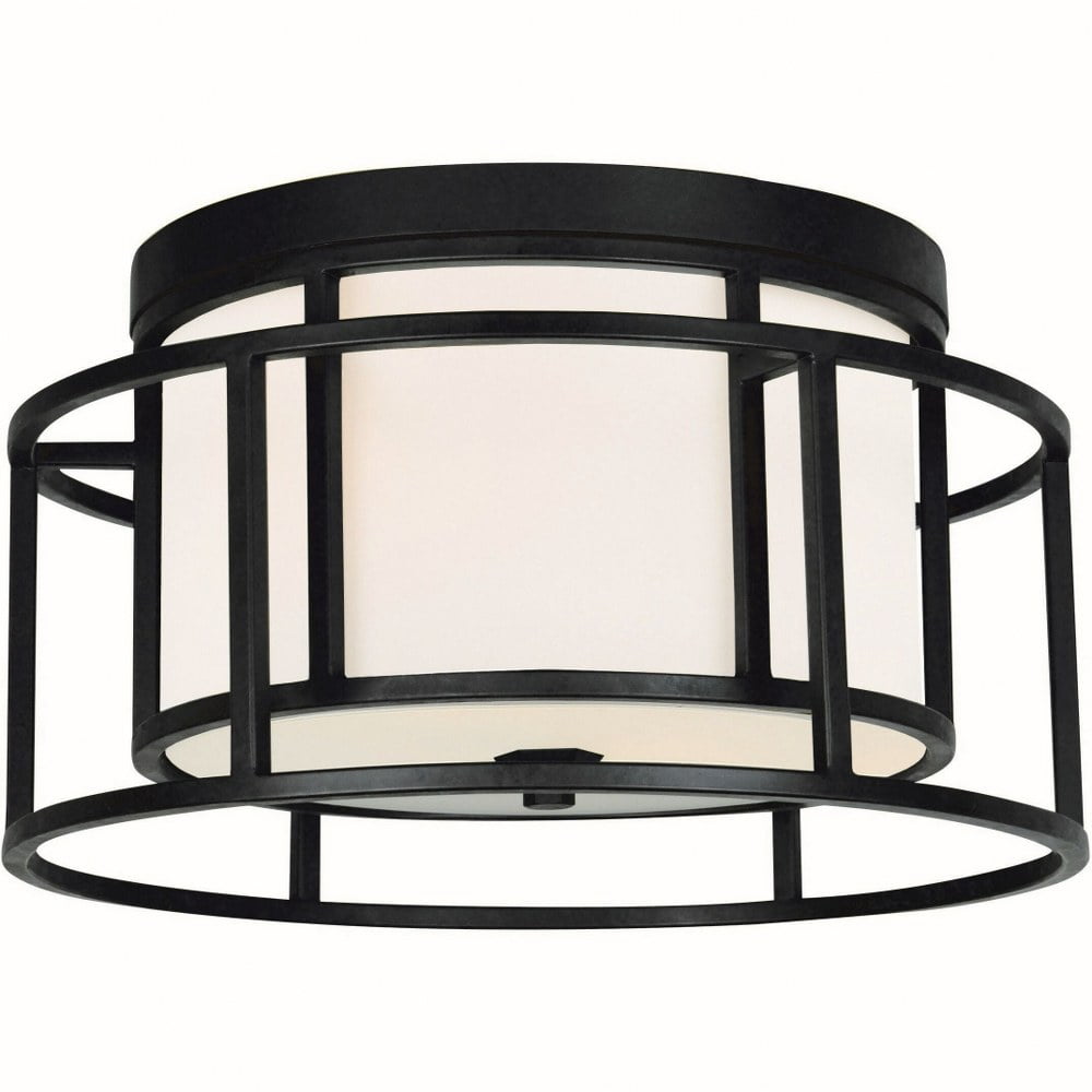 Matte Black Steel and Glass Drum Flush Mount Light