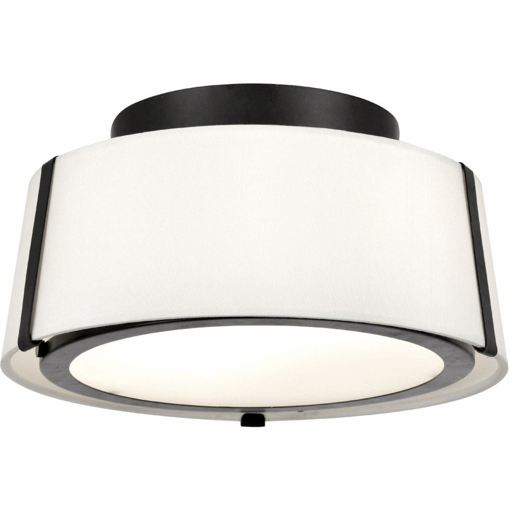 Fulton Matte Black Drum Ceiling Light with Double White Silk Shade