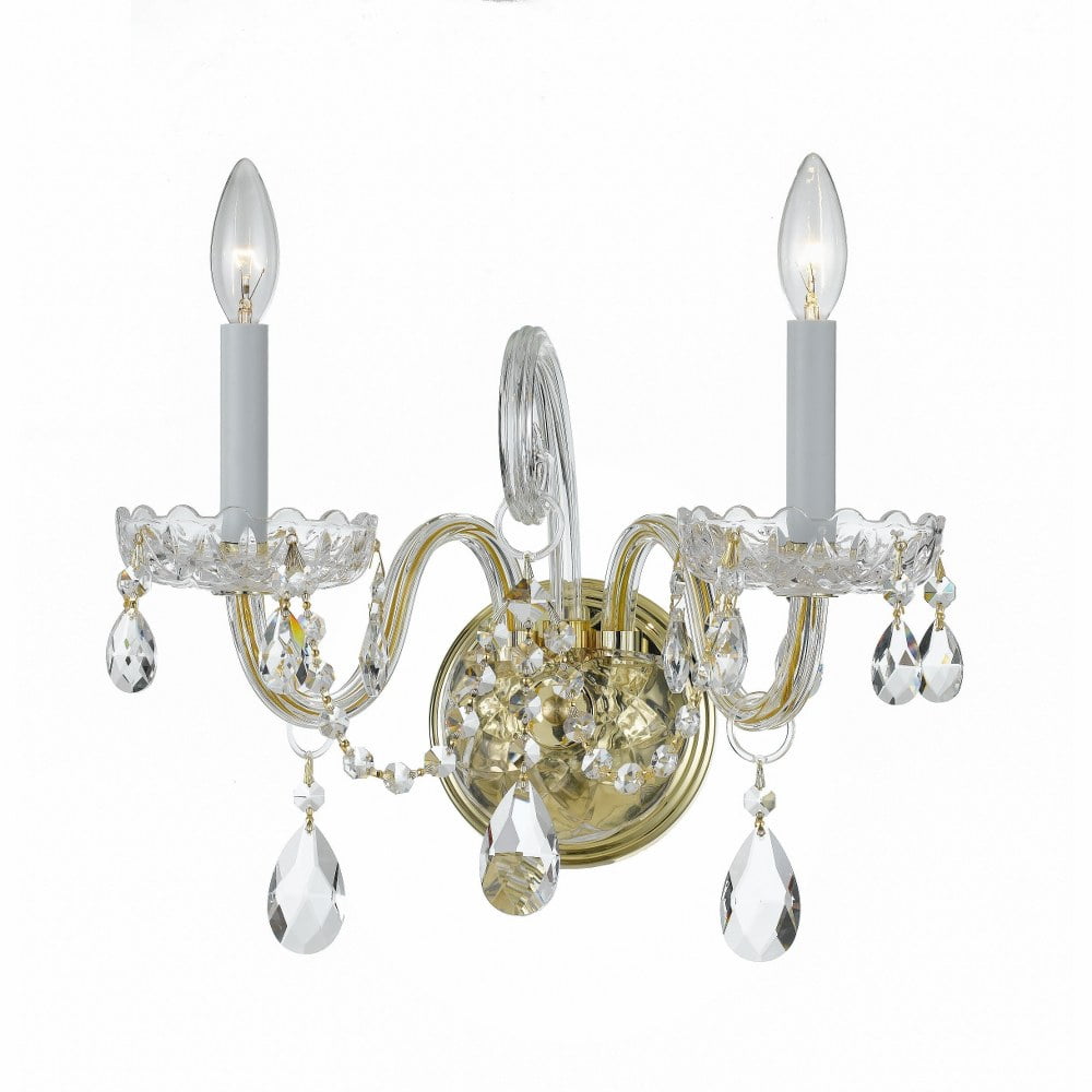 Elegant Polished Brass 2-Light Wall Sconce with Clear Swarovski Crystals