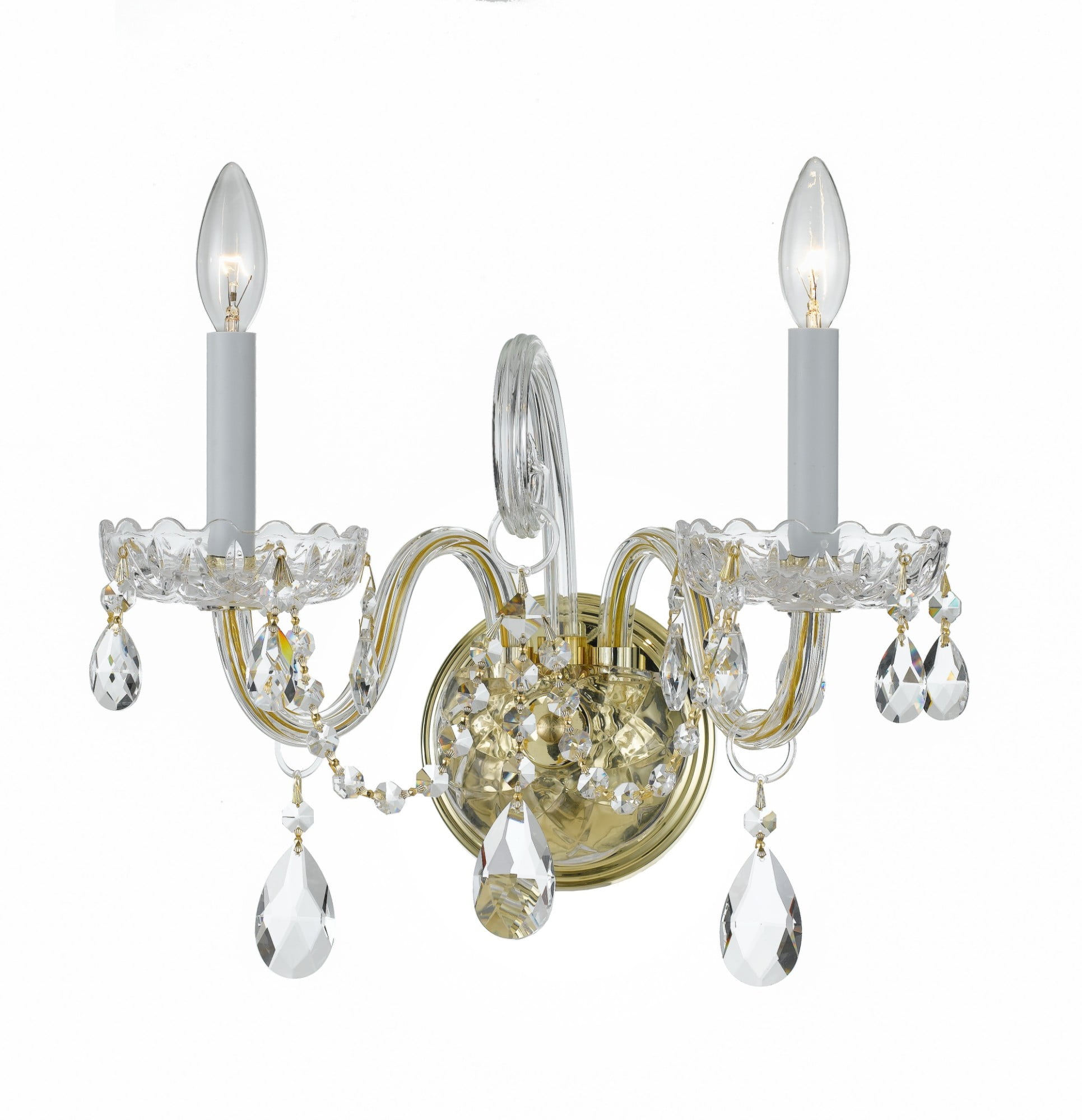 Elegant Polished Brass 2-Light Wall Sconce with Clear Swarovski Crystals